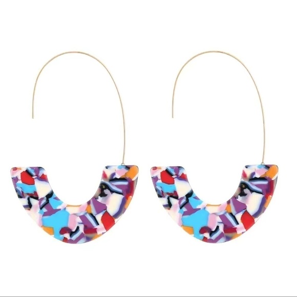Multi Colored Abstract Shimmer Pattern Partial Hoop Earrings Acetate Board Resin - Picture 1 of 4